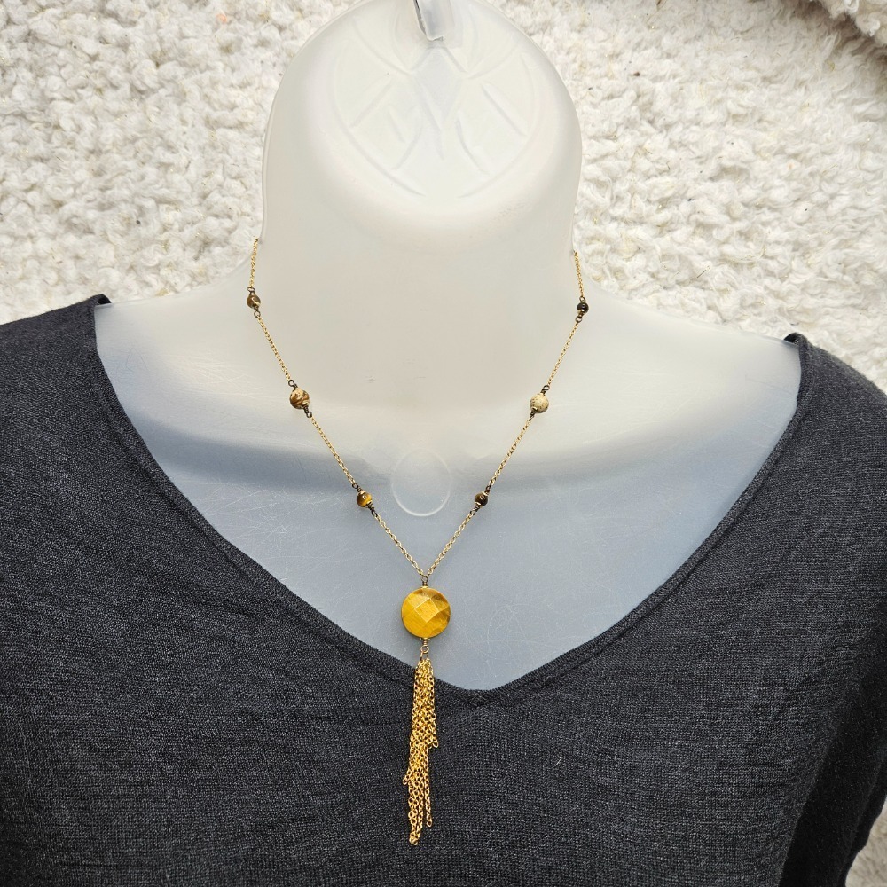 Lia Sophia Tigers Eye Gold Tone Tassel Necklace